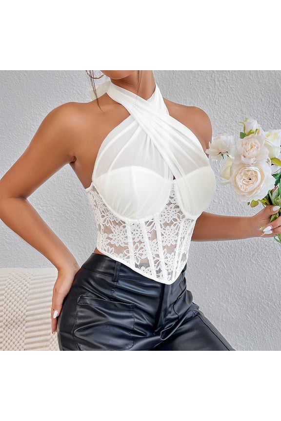 Women's Halter Neck Corset Top - Criss-Cross Mesh, Lace Detail, Stretchy Polyester-Spandex, Trendy Casual to Party Wear