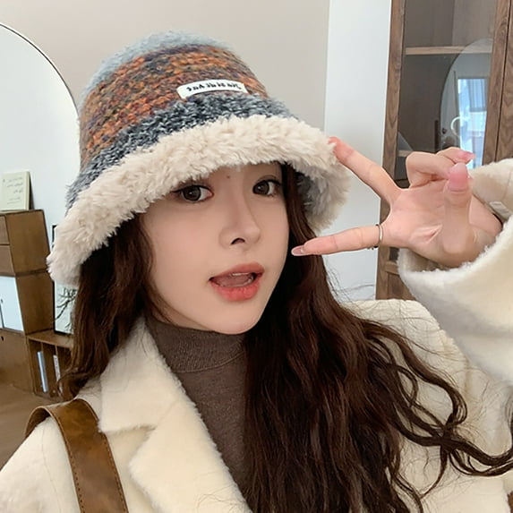 absanyy Women's Orange Fuzzy Brim Bucket Hat - Stretchy Knit, Warm, Trendy Vintage Modern Style, Free Size for Fall Winter