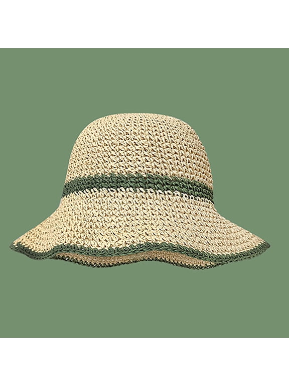 Women's Paper Straw Bucket Hat - Green, Size M, Striped Wide Brim, Sun Protection, Lightweight Breathable for Summer Outdoor Beach
