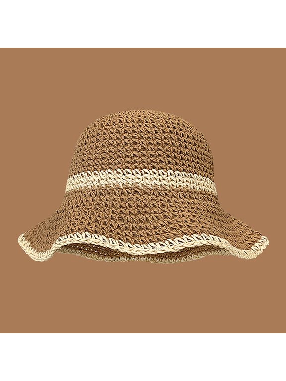 Women's Paper Straw Bucket Hat - Khaki, Size M, Wide Brim Sun Protection, Striped Wavy Brim, Summer Outdoor Beach Gardening