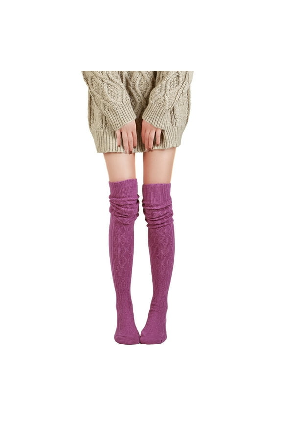 Ralphats Women's Purple Acrylic Warm Over-the-Knee Socks, Cozy Knit Design, One Size Fits All for Fall Winter & Daily Loungewear