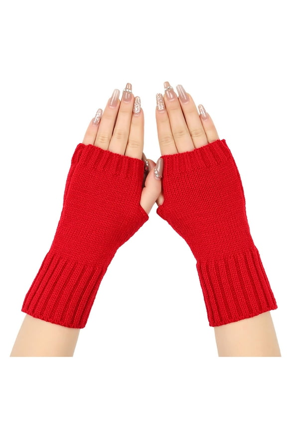 Women's Red Fingerless Gloves - 100% Polyester, Free Size, Touchscreen Compatible, Ribbed Cuffs for Winter, Office & Typing