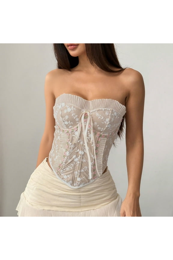 Women's Shapewear Corset Top - Strapless Sweetheart Neckline, Floral Embroidered,Ruffled Trim, Bow for Coachella, Date Night