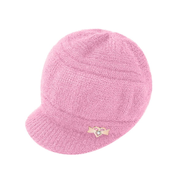 absanyy Women's Stretchy Knit Hat with Short Brim - Nylon-Spandex Blend, Free Size, Pink, Metal Decor, Warm Lightweight Winter Accessory