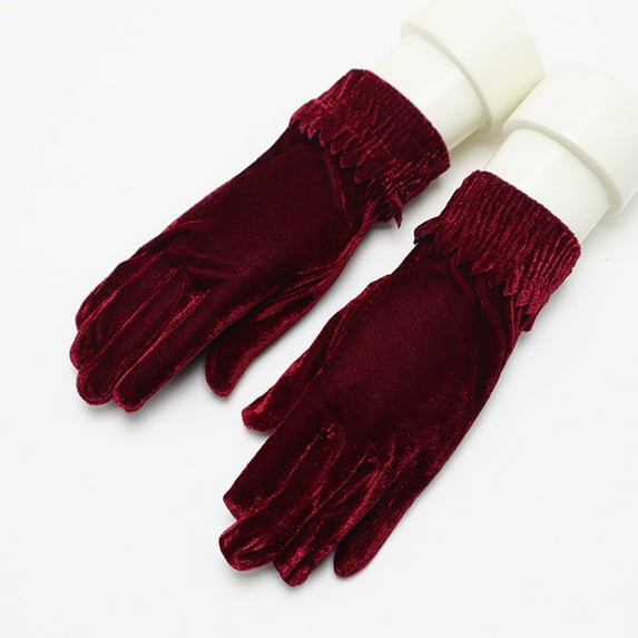 absanyy Women's Vintage Inspired Ruffled Cuff Velvet Gloves - Wine Color, One Size Fits Most, Warm for Fall Winter & Holiday Parties