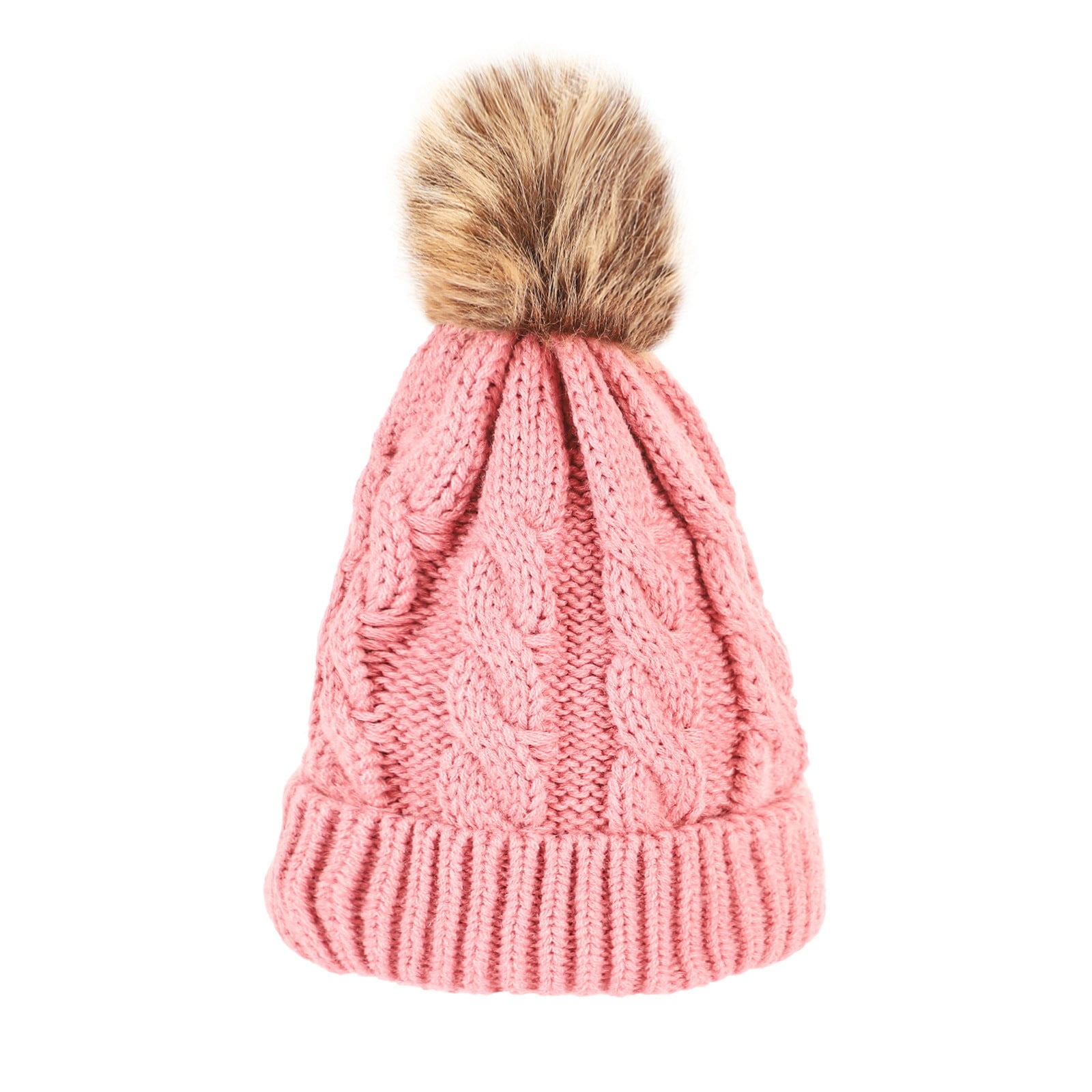 Soft Knit Pom Pom Beanie with Faux Fur Pom, Acrylic Winter Hat Hand Knit Beanie With Faux Fur Pom: Variegated Acrylic  main image 2