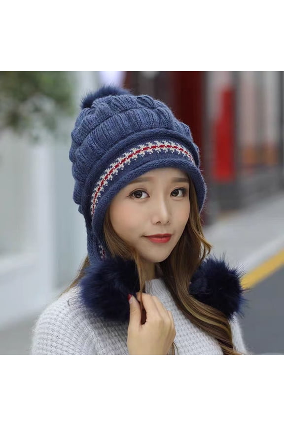 Women's Warm Acrylic Winter Beanie with Ear Flaps & Fur Pom Pom - Blue, Free Size