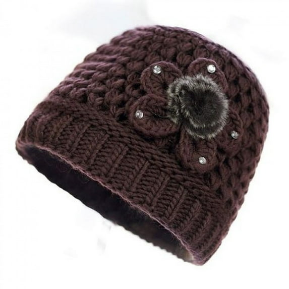 absanyy Women's Warm Winter Knit Hat - Acrylic, Chunky Textured with Faux Fur Flower & Rhinestones, Stylish, Coffee Color, Free Size
