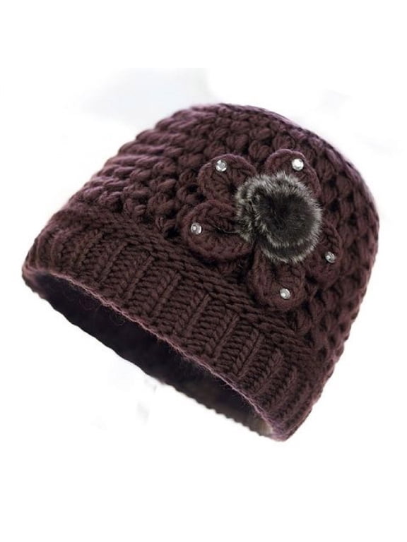 Women's Warm Winter Knit Hat - Acrylic, Chunky Textured with Faux Fur Flower & Rhinestones, Stylish, Coffee Color, Free Size