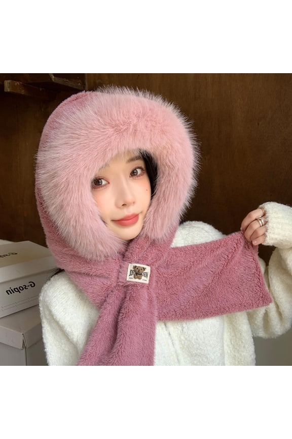 Women's Winter 2-in-1 Hat Scarf Set - Pink, Cute Faux Fur Trim, Teddy Bear Emblem, Cozy Polyester, Free Size