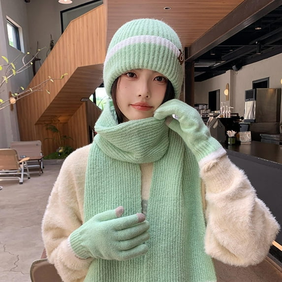 absanyy Women's Winter 3 Piece Set - Green, Free Size, Warm Hat Scarf Gloves with Touchscreen Fingers, Stylish Coordinated Design, Durable Nylon Spandex