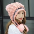 thumbnail image 1 of absanyy Women's Winter Acrylic Beanie with Ear Flaps & Fur Pom Pom - Pink, Free Size - Warm for Daily Commute & Outdoor Activities, 1 of 4