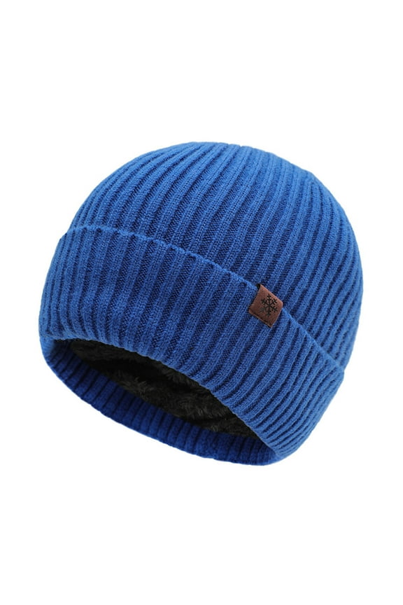 Women's Winter Beanie - Warm Acrylic Fleece Lined, Ribbed Knit with Leather Snowflake Patch, One Size, Blue, Cold Weather