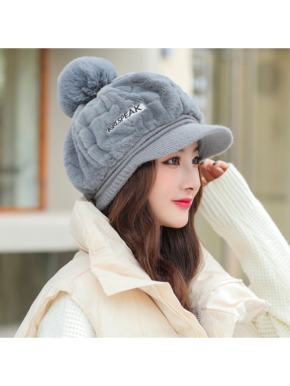 Women's Winter Hat with Pom Pom & Baseball Brim -Warm Stylish, Gray, One Size Fits Most