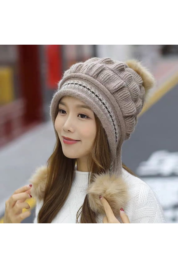 Women's Winter Warm Acrylic Knit Hat with Ear Flap & Fur Pom Pom, Khaki, Free Size - Stylish Cold Weather Headwear