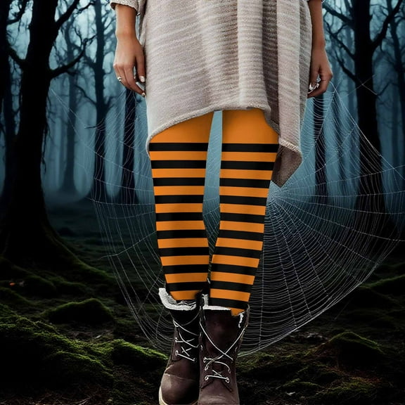 Ralphats Womens Orange Hall-oween Leggings - L Size, Polyester Spandex, Striped Design, Stretch Comfort, Festive for Parties & Daily Wear
