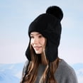 thumbnail image 1 of absanyy Womens Winter Earflap Beanie - Warm Acrylic Knit Hat with Pom-Pom & 3D Bow, Black, One Size Fits Most (55-60cm) for Outdoor Daily Use,Size Free Size, 1 of 9