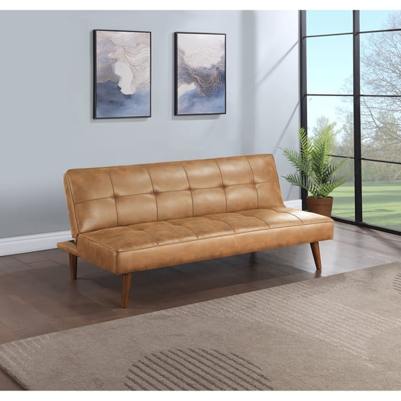 Ralston Saddle Brown Upholstered Convertible Sofa Bed | Modern armless design with synthetic leather and versatile sleeping option