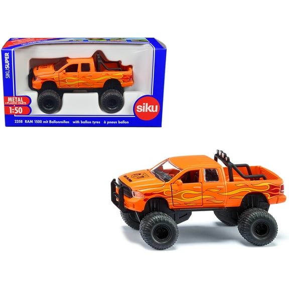Ram 1500 Pickup Truck Lifted with Balloon Tires Orange with Flames 1/50 Diecast Model by Siku