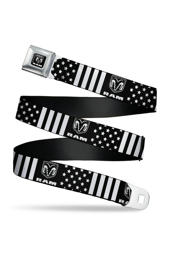 Ram Belt, Seatbelt Buckle Belt, Ram Logo Americana Stars and Stripes Black White Black, 24 to 38 Inches