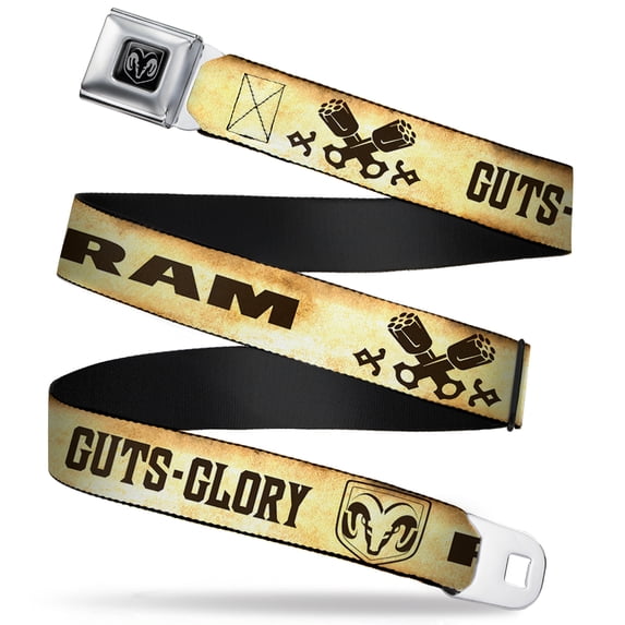 Ram Belt, Seatbelt Buckle Belt, Ram Logo Pistons Guts Glory Weathered Chocolate Brown, 44 to 63 Inches