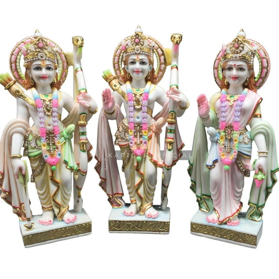 Ram Darbar Statue 24 inches Hand Painted Marble Ram darbar Murti Large Ram Darbar Statues Lord Rama Hanuman Lakshman Sita Mata Temple Hindu God Home Temple decor Diwali Housewarming Gifts Sculpture
