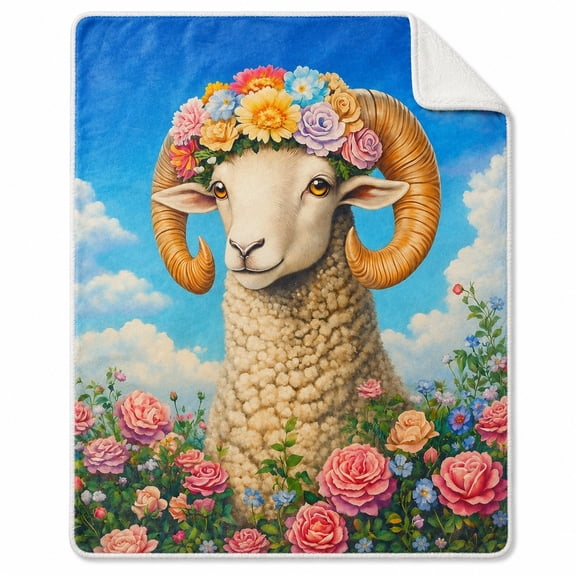 Ram Floral Sherpa Blanket, Multicolor Polyester Fleece Throw