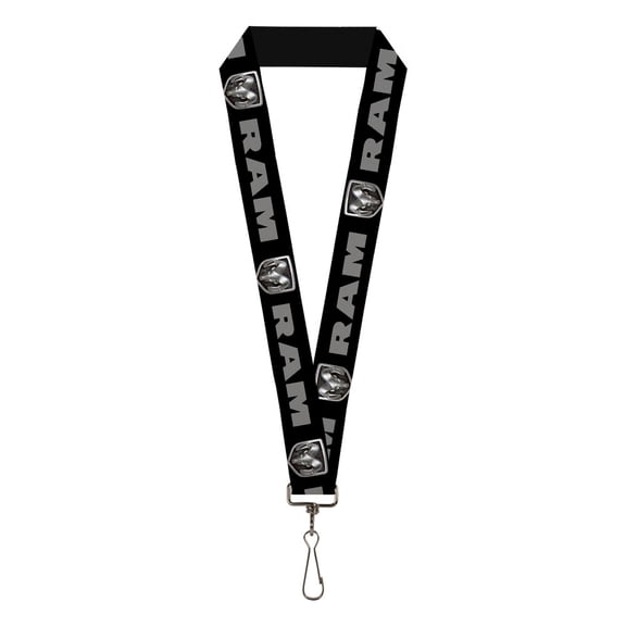 Ram Lanyard, Ram Bold Text Rounded Ram Icon Black Gray Silvers, Elastic