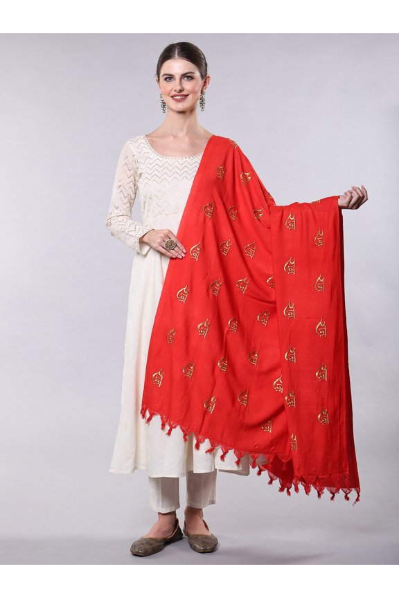 Ram Prayer Shawl with Zari Thread Embroidery – Flame Scarlet