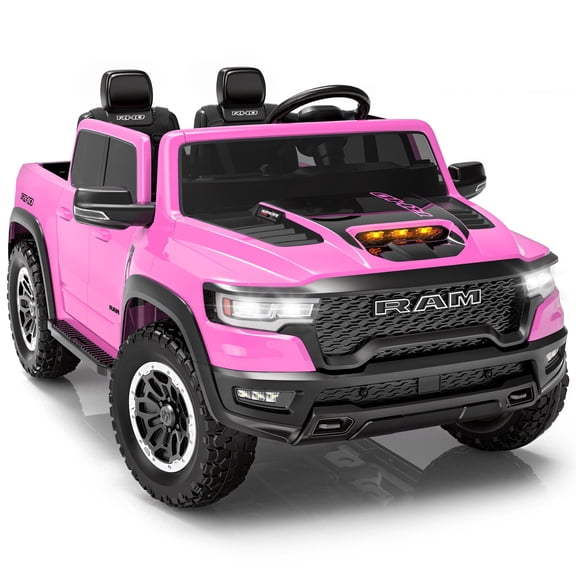 iYofe Ram 1500 RHO 24V 2 Seater Powered Ride on Toy Truck with Remote and Bluetooth, 4 Wheel Electric Car for Kids Toddlers Ages 3-8, Pink