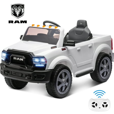 Ram Ride on Cars, 12V Licensed Powered Dodge Ram Ride on Toy Car with Remote Control, Electric Truck Car for Kids 3-5 w/Music Player/LED Headlights/Safety Belt/Water Cup Holder, White