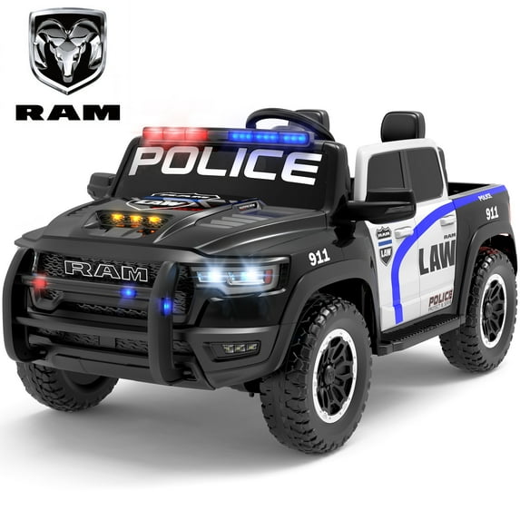 iYofe Ram 24V Ride on Police Car 2 Seater, Ram 1500 RHO Battery Powered Electric Car Truck with 4 Wheels, Ride on Toy with Remote Control for Big Kids Toddlers 3-8 Boys Girl, Bluetooth & Trunk, Black