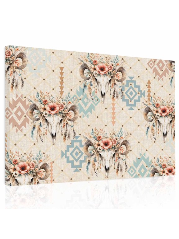 Ram Skull Canvas Print Wall Art Rustic Vintage Southwestern Linen Diamond Motifs Wall Decor Modern Artwork Paintings Pictures for Living Room Stretched and Framed Ready to Hang - 24" x 32"