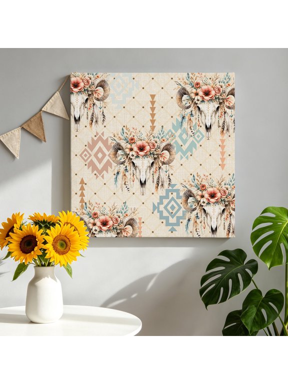 Ram Skull Canvas Wall Art, Rustic Vintage Southwestern Linen Diamond Motifs Pictures Wall Decor Wooden Framed Artwork Art Prints for Living Room Hallway Bedroom Office 8"x8"