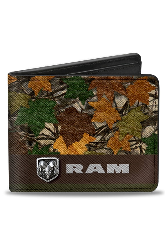Ram Wallet, Bifold, Ram Logo Leaf Camo Browns Greens Silvers, Vegan Leather