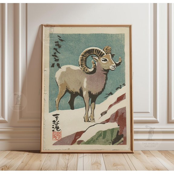 Ram Woodblock Poster, Vintage Japanese Style Animal Wall Art Print, Mountain Sheep Nature, Poster Only