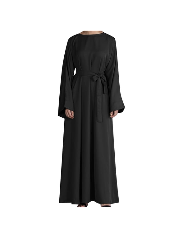Ramadan Abaya Gown for Women Tie Waist Abaya Long Sleeve Muslim Dress Prayer Clothes Mid East Casual Islamic Kaftan