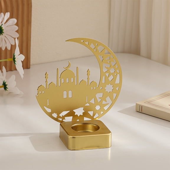 Ramadan Crescent Candle Holder Gold Iron Candlestick Eid Mubarak Islamic Table Centerpiece for Holiday Dining Party Decor 5.62 x 5.11 x 2.36 in