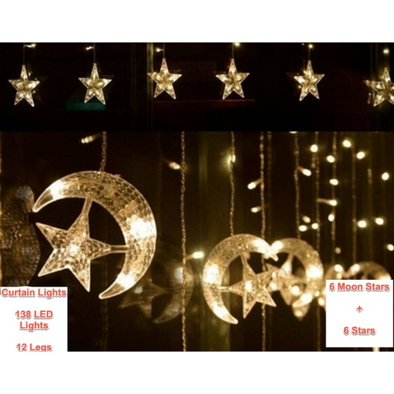 Ramadan Curtain Light Moon Star, 138 LED Curtain Lights Eid Decoration with US Plug 6pcs/Set 6+ ft wide (Warm White)