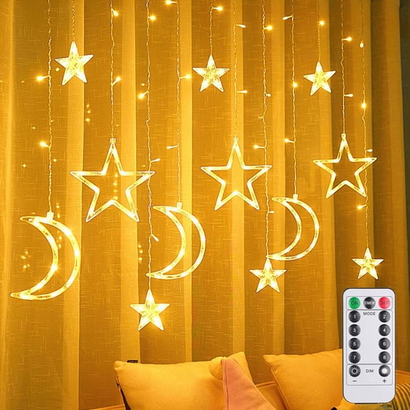 Ramadan Curtain String Lights, 120 LED Moon & Star Fairy Lights, 3.5M Width with 12 Drops, Battery Powered (Not Included) Remote Control for Ramadan Eid Decor, Bedroom Window Wall Decoration