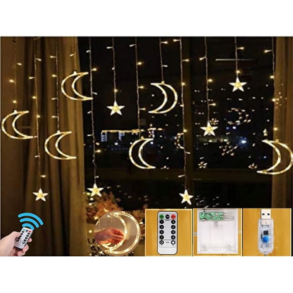 Ramadan Decor Curtain Lights 12 pcs Moon Star 138 LED Fairy Lights String Star Lights LED Light Led Light string Curtain Lights for decorations around the House, Lights Remote + Battery (Warm White)