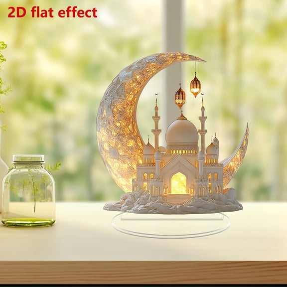 Ramadan Decoration 2026 Eid Mubarak Acrylic Desktop Ornament 2D Flat Tabletop Decor for Home Office Islamic Muslim Party Supplies Crescent Moon Mosque Shape