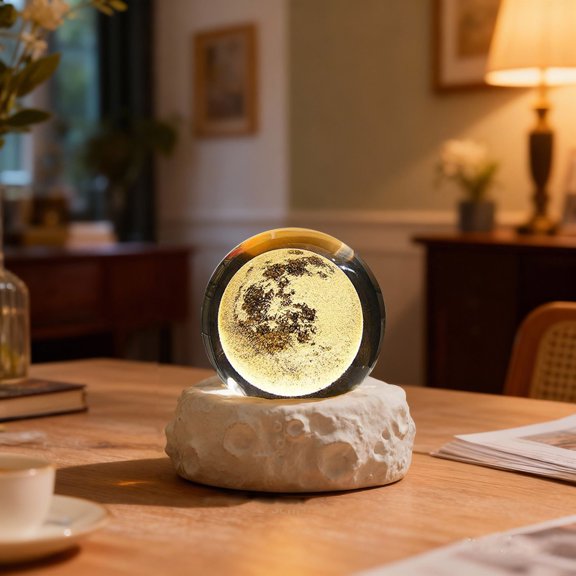 Ramadan Decoration Crystal Galaxy LED Ball Night Light 3D Engraved Moon Crystal Sphere Warm Lamp with Wooden Base Spring Boho Eid Mubarak Crescent Centerpiece for Party Supply Gift(F)