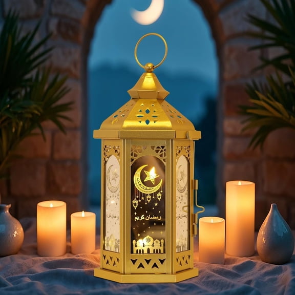 Ramadan Decorations for , 12.8''H Large Hexagon Decorative Candle Lantern for Tabletop Mantel Decor, Metal Lantern Candle Holders for Indoor Outdoor Decor, EID Mubarak