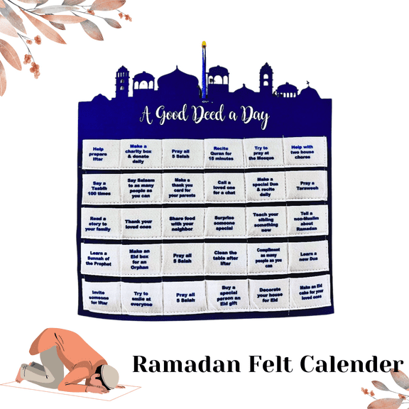 Ramadan Decorations Eid Count down Calendar Ramadan Calendar for Kids Islamic Festive Home Décor Ramadan Mubarak Advent Calendar + 10 Free Balloons (Blue/White)
