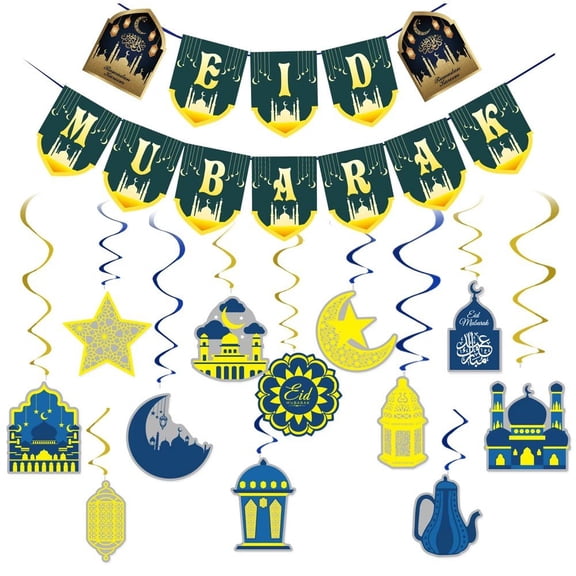 Ramadan Decorations, Eid Mubarak Banner and Hanging Swirl Streams Ceiling Ramadan Hanging Decorations for Home Islamic Muslim Party Supplies