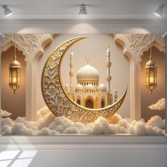 Ramadan Decorations Islamic Crescent Moon Mosque Backdrop Eid Mubarak Banner Muslim Home Decor Ramadan Kareem Lantern Sign Iftar Party Supplies Background Wall Art