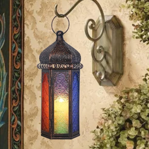 Ramadan Decorations, Vintage Candle Lantern Decorative Indoor&Outdoor, 14.7'' Moroccan Hanging&Tabletop Lantern with 6 Colors Glass, Metal Decor for Home Front Porch Patio Decor