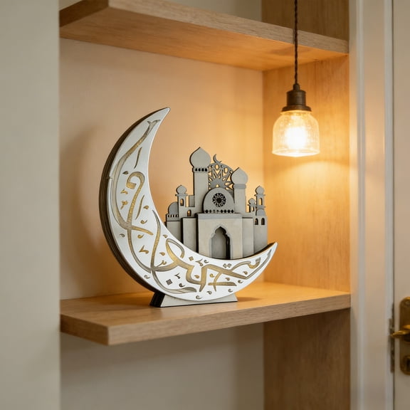 Ramadan Decorations Wood Table Lamp,Tabletop Ornament 3D Moon Lamp Muslim Table Decor Crafts for Home Party Supplies