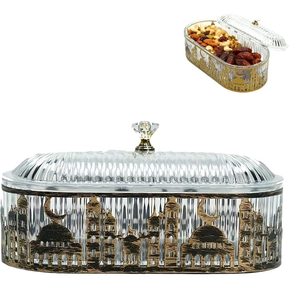 Ramadan Decorations for Home, Ramadan Tray 7.20x3.54x3.54in Oval Castle Gold Iron Serving Tray with Lid Decorations for Home Table Party